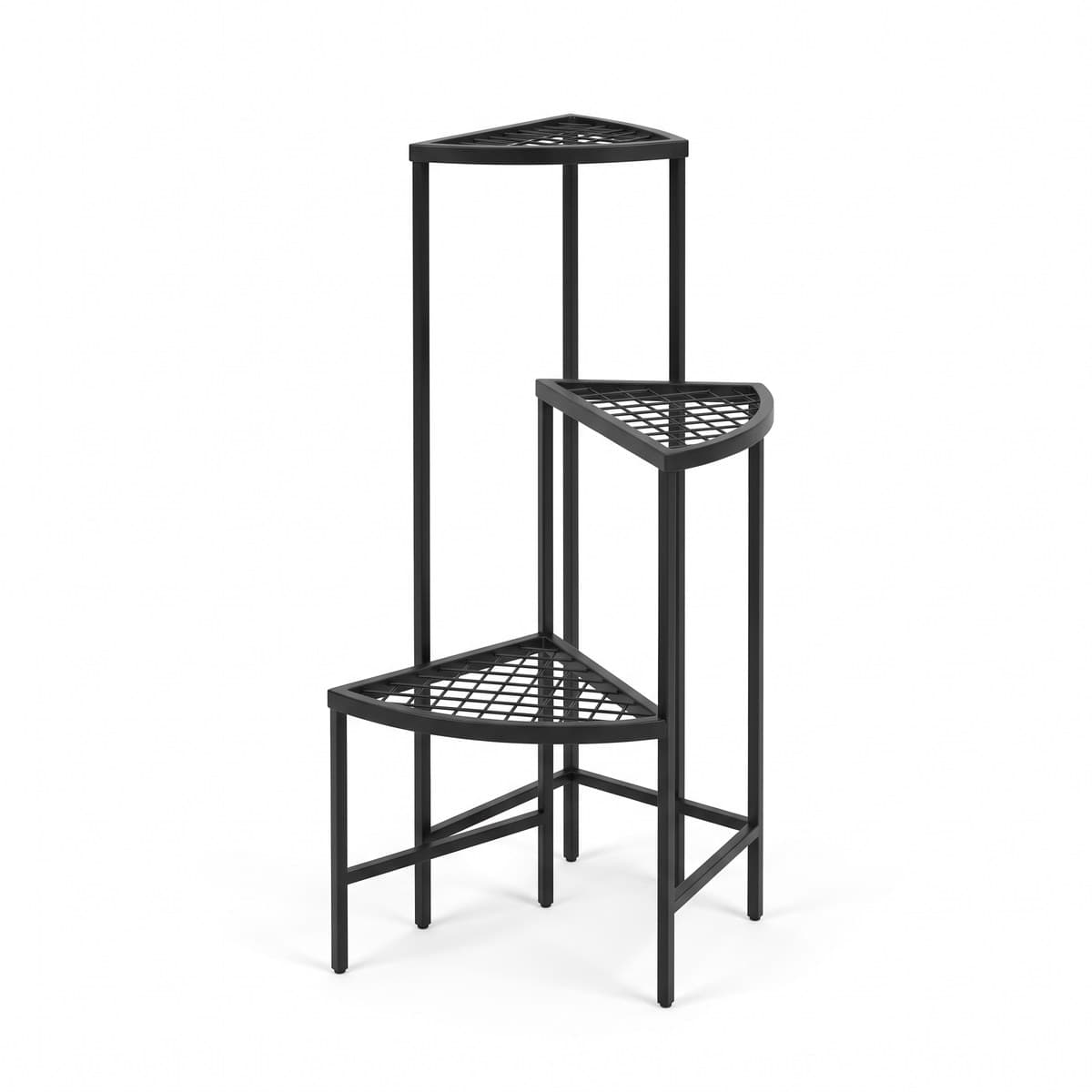 A slim three-shelf corner plant stand in black metal with triangular grid shelves, standing empty