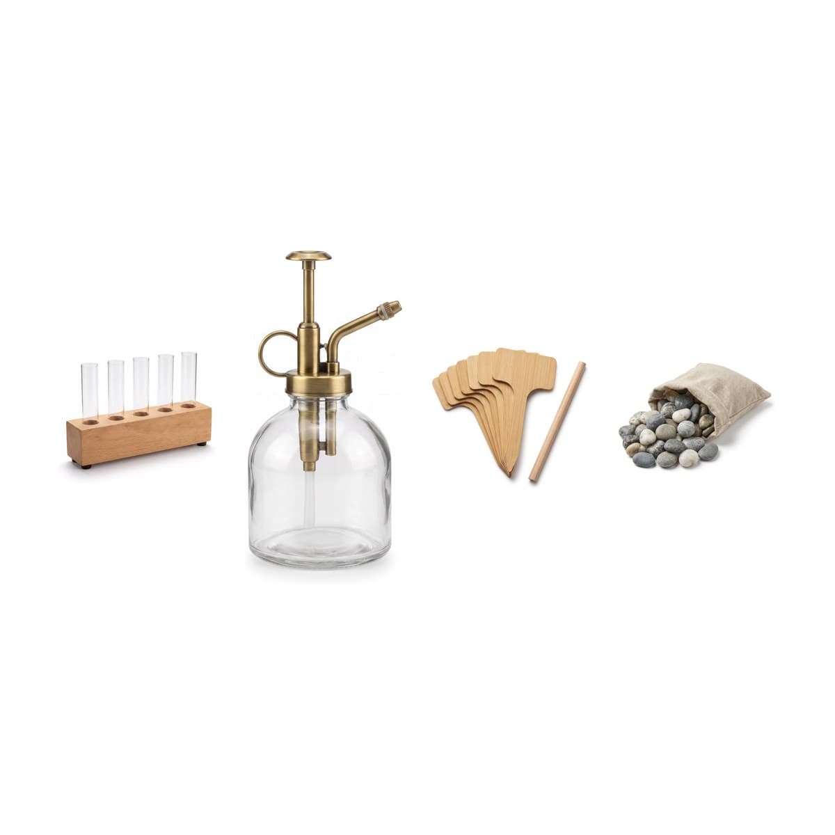 The pieces of the Propagation Kit together: a five-tube propagation station, a glass mister, plant markers and a bag of river stones