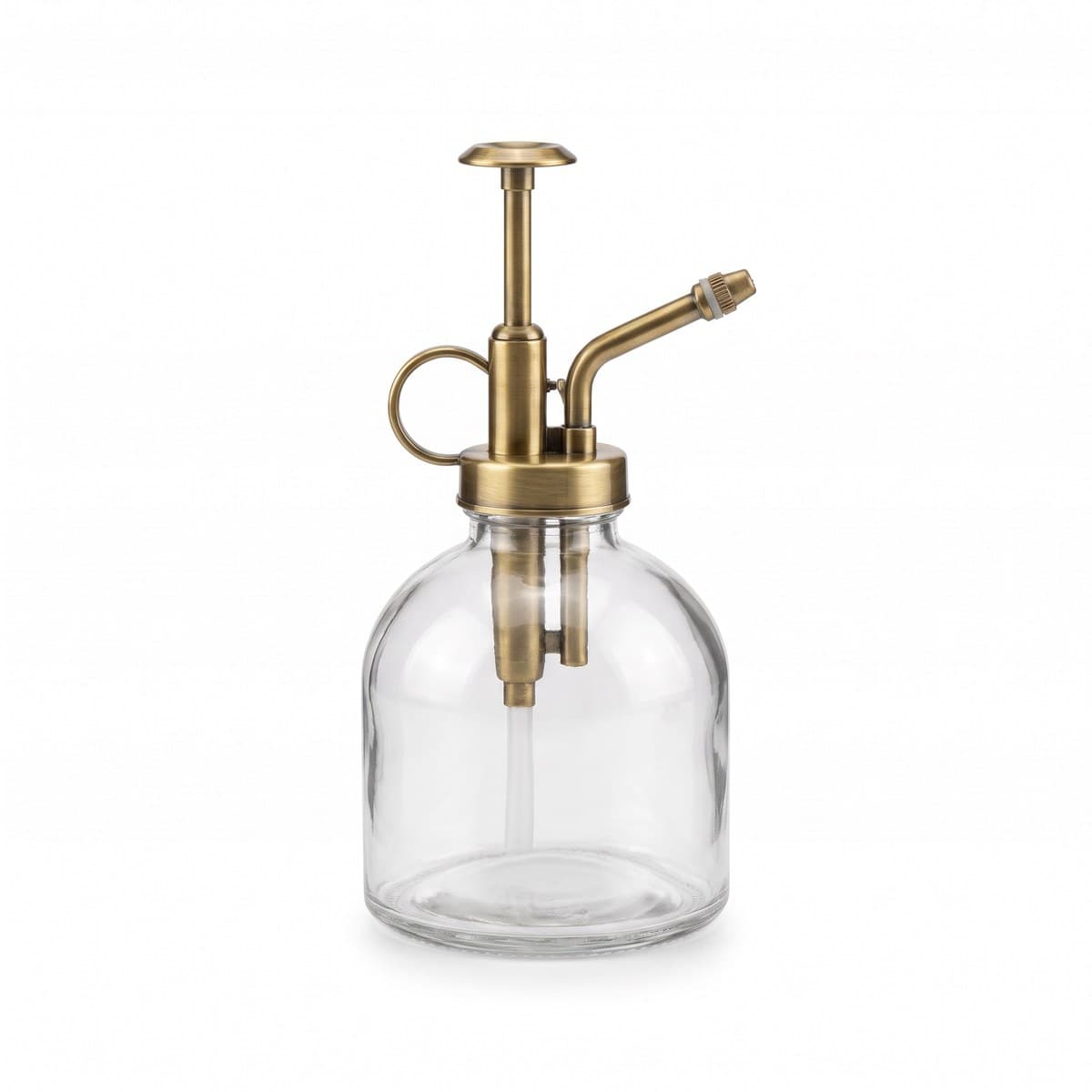 A clear glass plant mister with a brass-coloured metal pump and nozzle