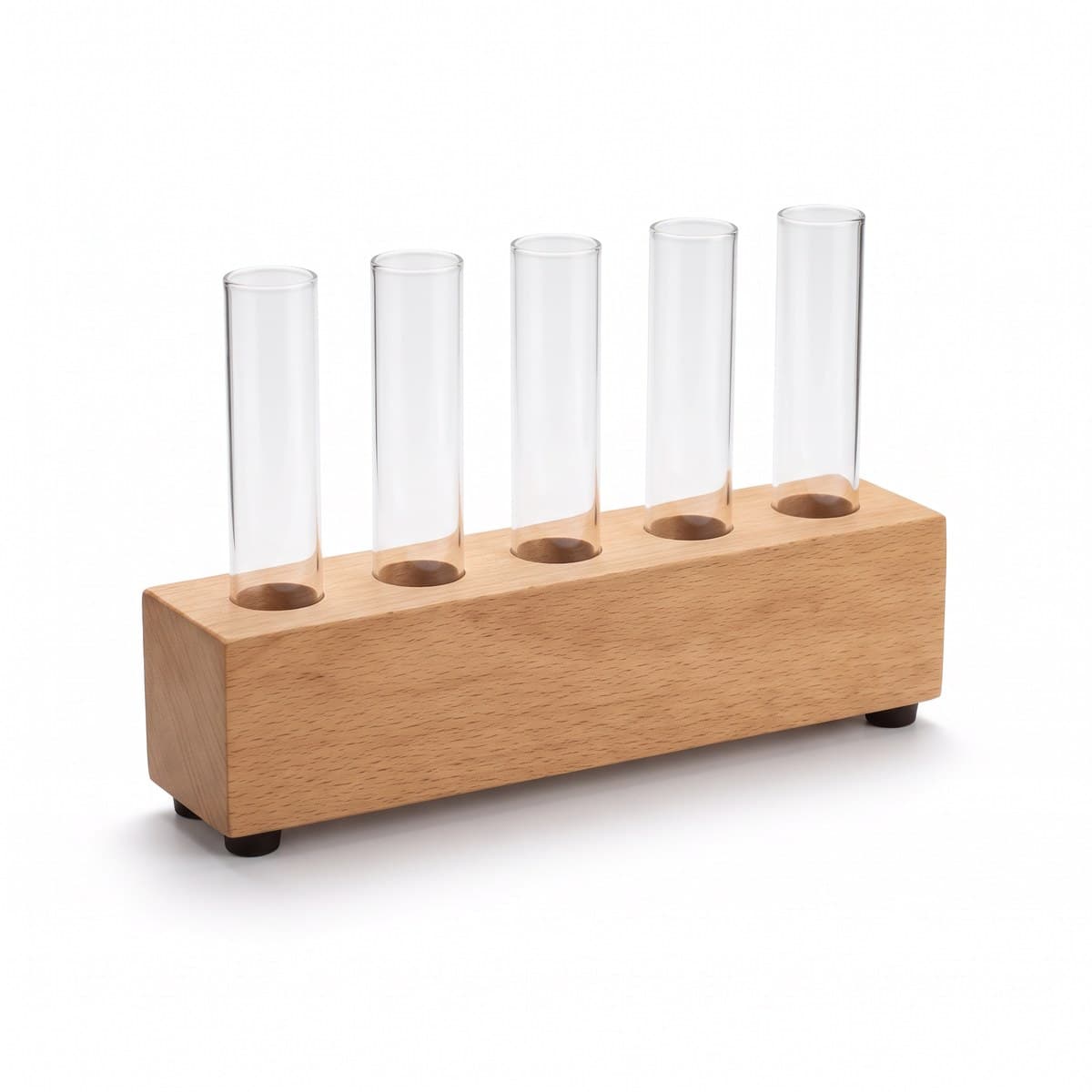 Five clear glass tubes in a solid wood rack for rooting cuttings in water
