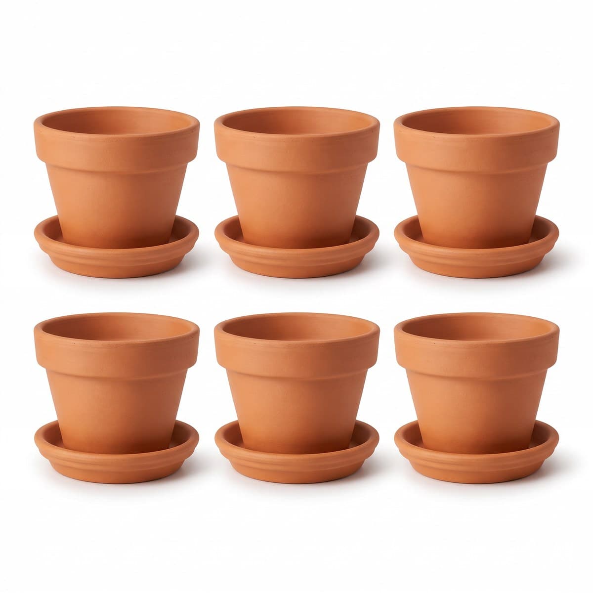 Six small unglazed terracotta pots with matching saucers, standing in a row