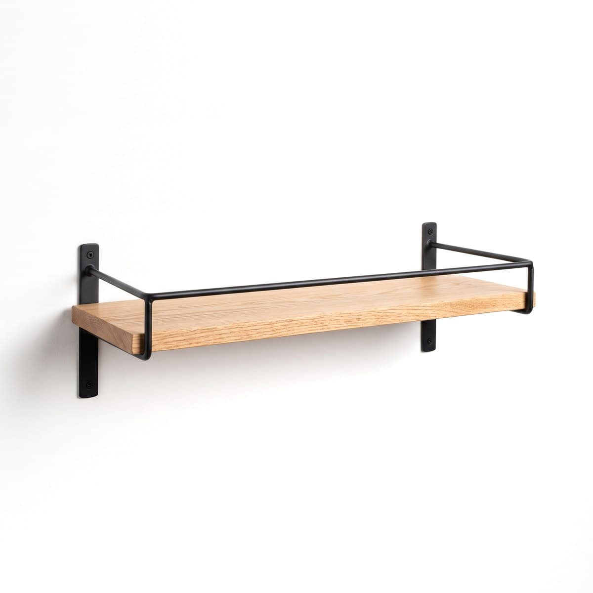 A wall shelf with a wooden board on two black metal brackets and a thin front rail
