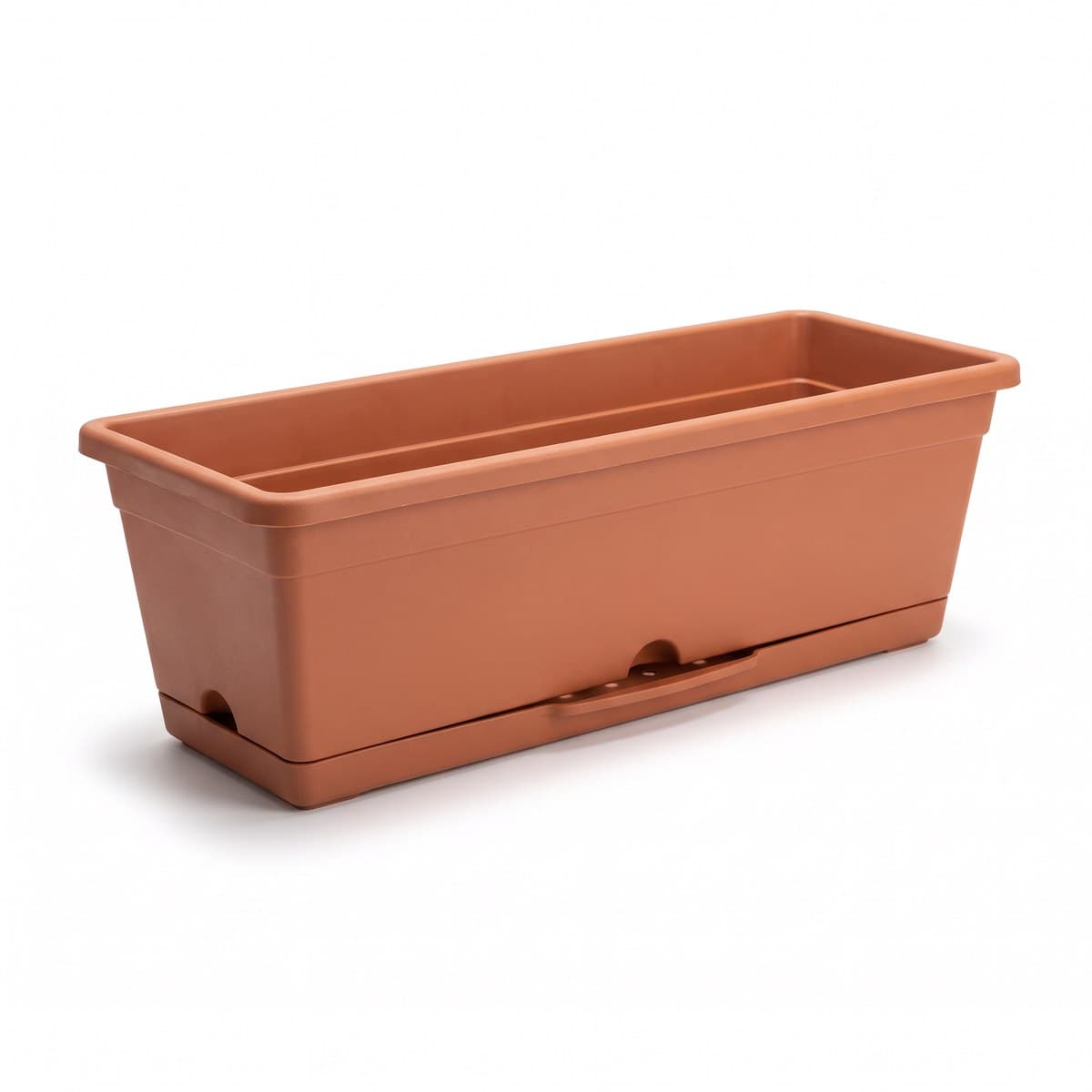 A long rectangular terracotta-colour resin window box with a clip-on drip tray