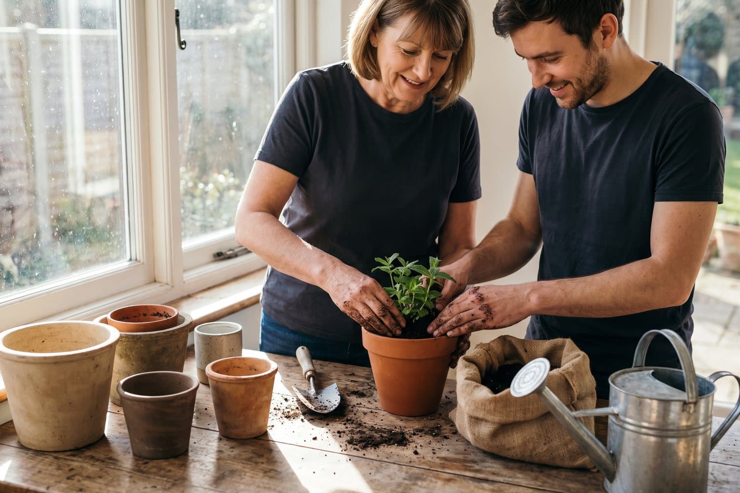 Two people potting plants together at a wooden table spread with empty pots, a bag of soil, a trowel and a watering can, by a sunny window