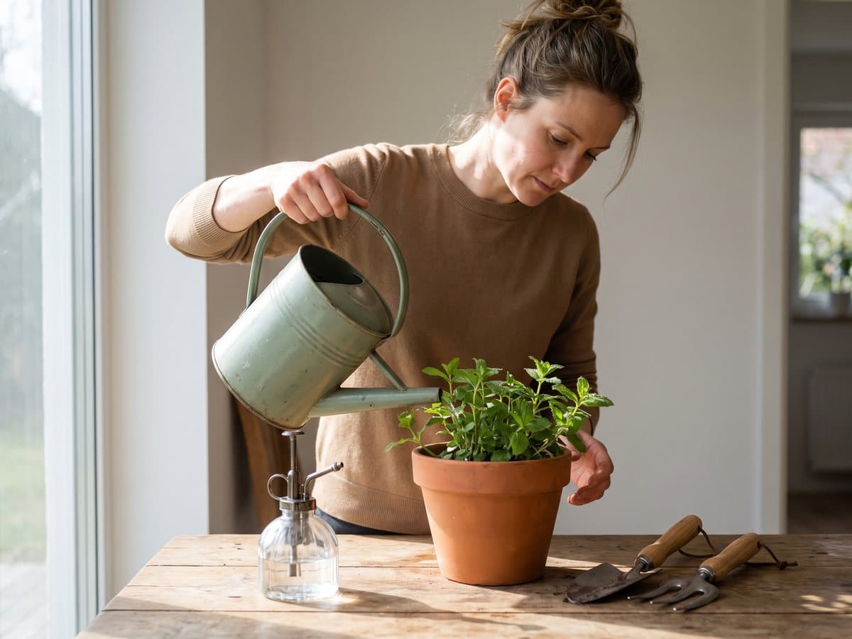 A woman tipping a sage green watering can over a potted plant on a wooden table, a glass mister and hand tools beside the pot