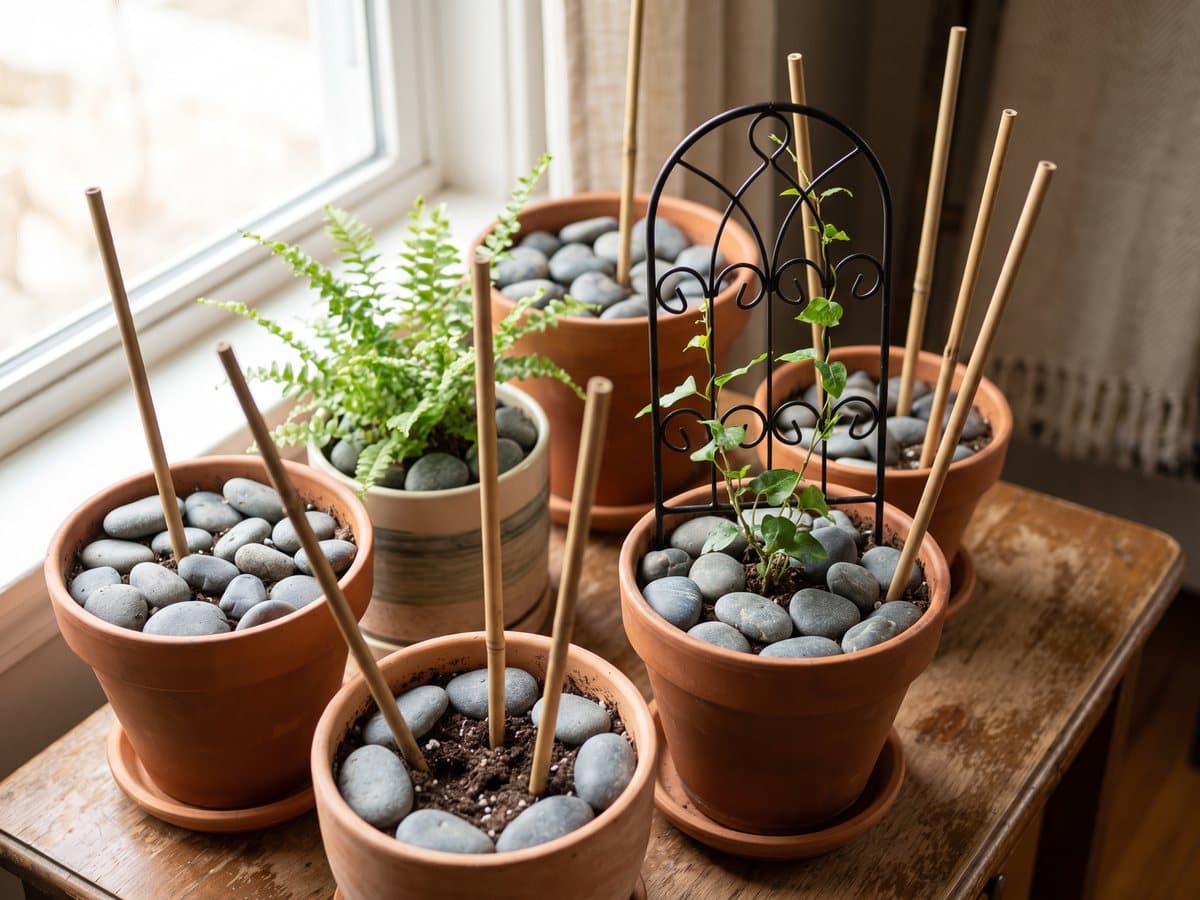 Potted plants topped with river stones, a small arched trellis in one pot and bamboo plant markers in the soil