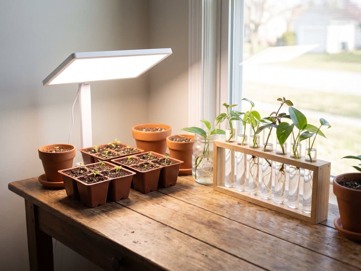 A tabletop grow light garden shining a white LED panel over small seedling trays, with a propagation station of glass tubes beside it