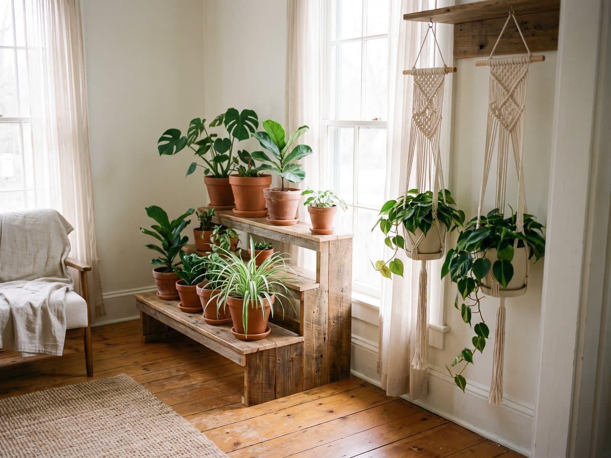 A three-tier wooden plant stand holding potted plants beside a macrame hanger at a bright window